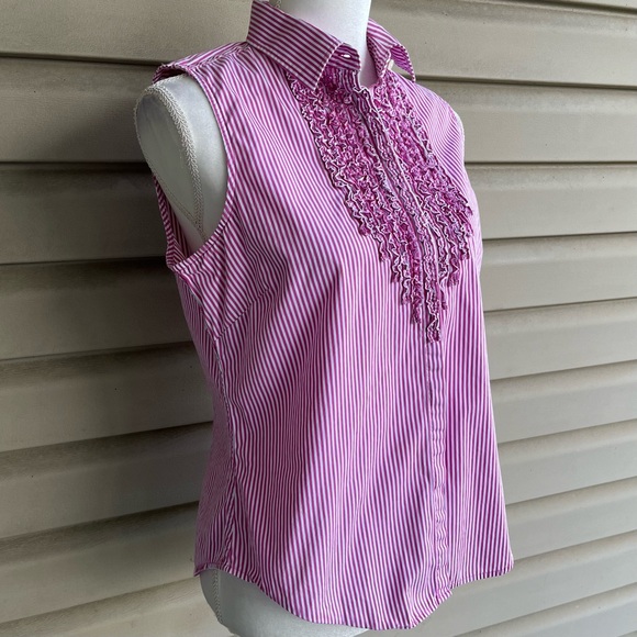 •Lauren Ralph Lauren• Pink Striped Ruffle Sleeveless Blouse - Size 12P - Picture 4 of 7